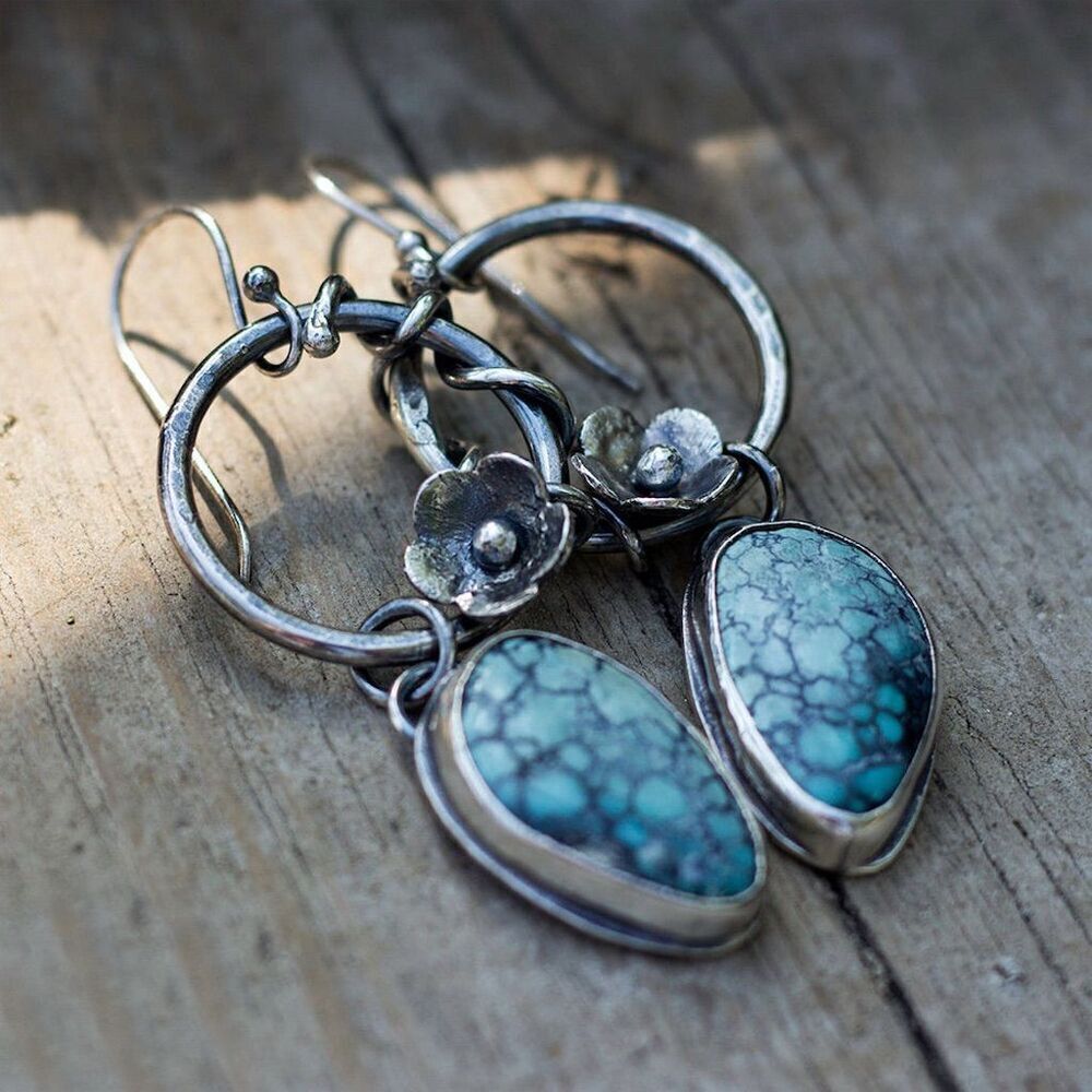 Vintage Style Faux Turquoise Silver Tone Teardrop Dangle Earrings Boho Floral